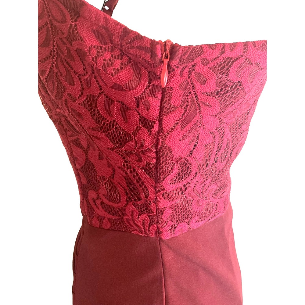 One Shoulder Burgundy Floral Pleated Waist High Side Slit Formal Dress - Picture 2 of 12